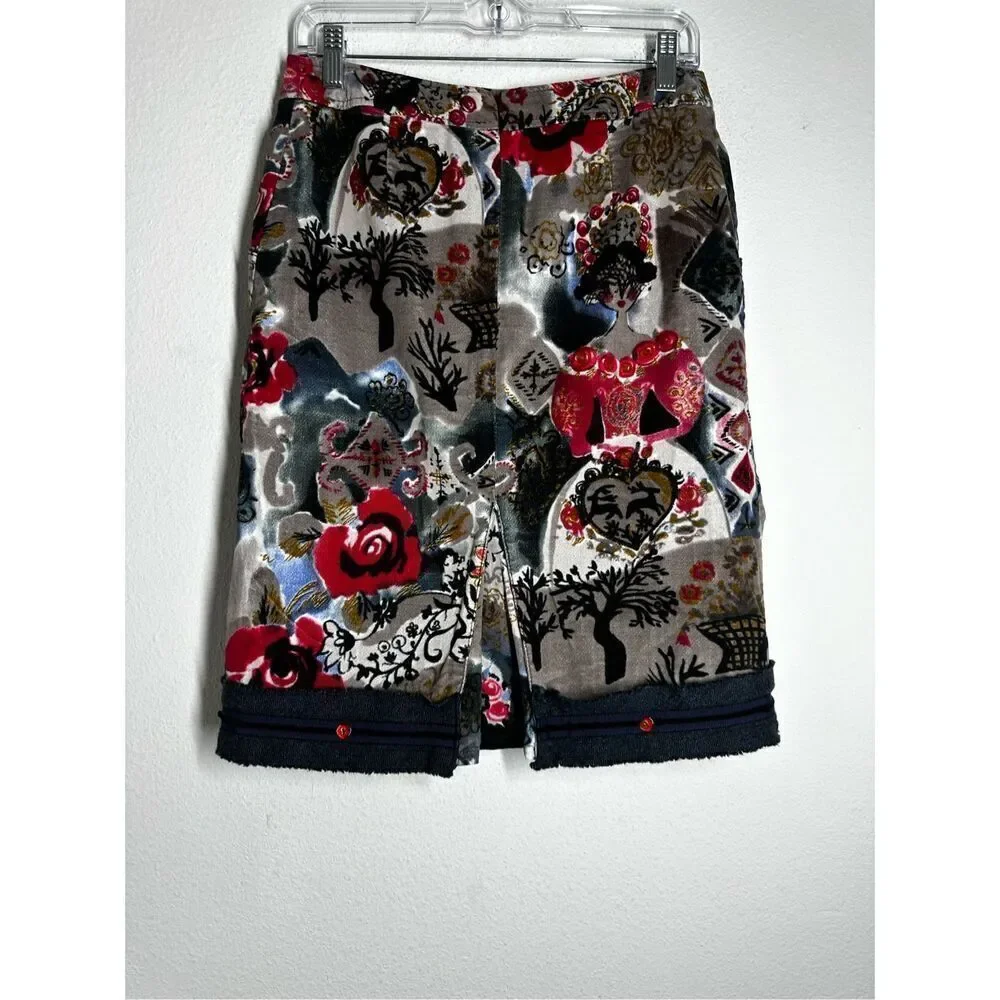 Vintage Jota Mas Ge Bohemian Size US 8 Midi Velour Skirt Straight Black Red